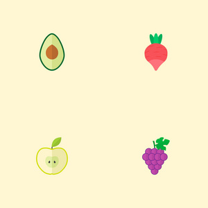 一套维生素图标扁平风格的符号与葡萄, 苹果, 鳄梨和其他图标为您的网络移动应用程序标志设计