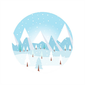 雪林在圆圈里。 冬天松树和山。 纸矢量插图。