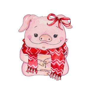 猪的中国年。 新年贺卡。 水彩卡通小猪插图。 戴着围巾的猪。 孤立在白色背景上。 完美的庆典卡邀请函