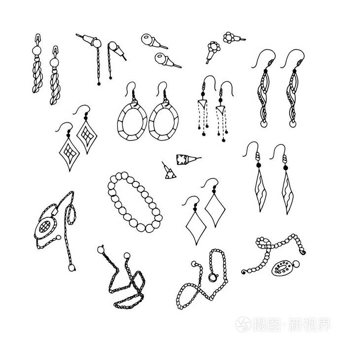摄图新视界 插画 美容时尚 比约特里.链式耳环.设置.素描, 涂鸦.