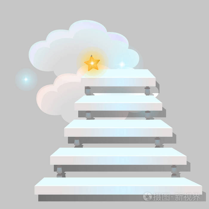 白色楼梯通向灰色背景上隔离的云层贺卡节日海报或派对