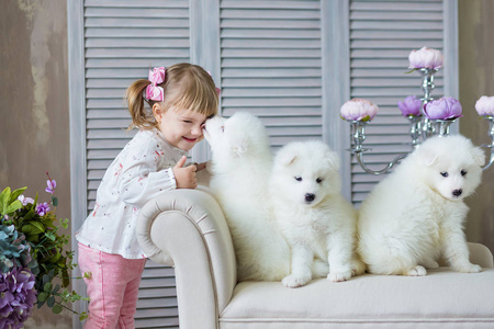 带着一只小狗小狗的女孩喜欢一起在摄影棚里摆姿势，穿着温柔的彩色连衣裙。