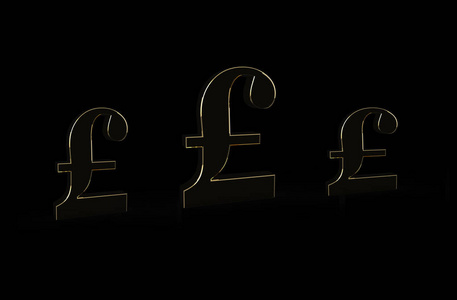英国英镑货币符号3D渲染孤立于黑色背景