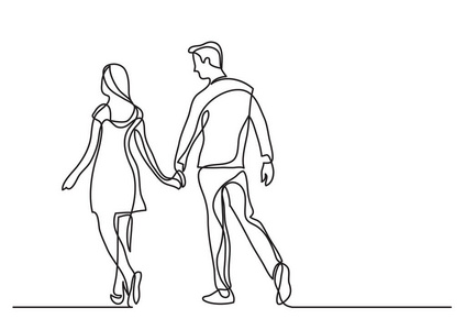 年轻夫妇一起行走的连续线描