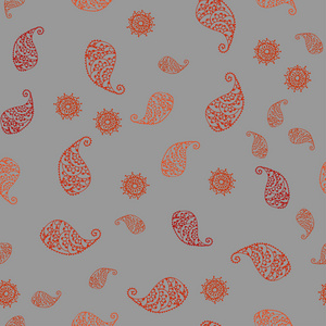 浅橙色矢量无缝涂鸦图案与叶子和花。 彩色抽象插图与树叶涂鸦风格。 手绘设计的网页包装。