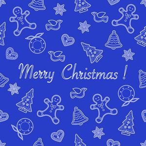与圣诞节和新年符号无缝图案。圣诞树，圣诞花环，姜饼人，鸟，铃铛，星星，心。