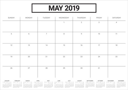 2019年5月桌历矢量插图，设计简洁干净..