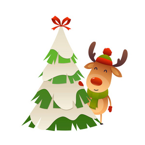 圣诞树矢量背后的可爱卡通驯鹿图片