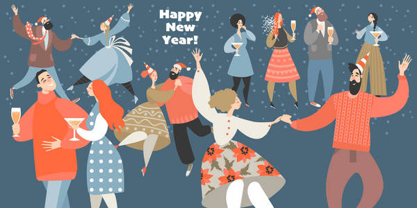 矢量插图的新年聚会有趣的人跳舞和喝酒。 新年锦旗