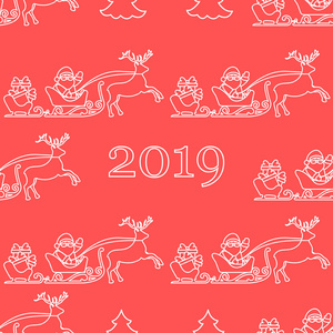 圣诞节和新年快乐2019无缝模式。 矢量插图圣诞老人与礼物在雪橇与驯鹿。 印刷设计。