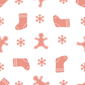 无缝图案与姜饼人圣诞袜子雪花。 圣诞节和2019年的背景。 包装纸织物和其他印刷品的设计。