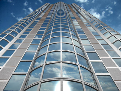 建筑。多层建筑..玻璃门面。高层建筑立面的三维渲染