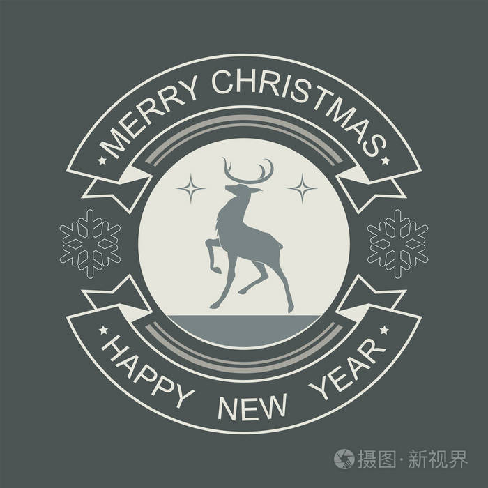 圆形标志带雪花剪影的圣诞圆框圣诞节红色圆标志与鹿剪影红色圆形会徽