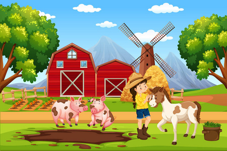 农民在农场景观插图