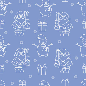 新年快乐2019和圣诞节无缝图案。 矢量插图与圣诞老人雪人礼物。 包装织物印花的设计。