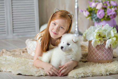 姜发女孩玩哈士奇的肖像。穿着可爱的裙子躺在靠近天鹅绒花的木地板上，红发的模特女孩和萨米的白小狗在演播室拍摄