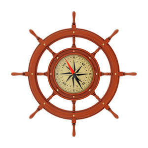 罕见的罗盘形式的老式木船方向盘在白色背景。3d渲染