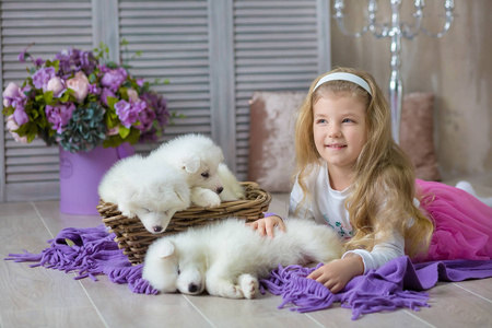 金发女孩与哈士奇小狗白色在复古工作室拍摄。可爱的幼儿在设计好的家居装饰中玩小狗