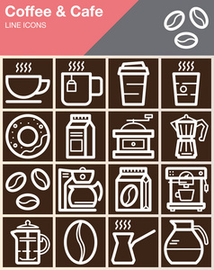 咖啡和咖啡线图标设置轮廓矢量符号收集线性风格象形文字包。 标志标志标牌，网页图形