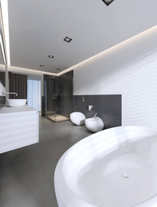 当代浴室有白色和灰色的淋浴和浴缸。 3D渲染