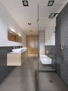 现代浴室在斯堪的纳维亚风格与木制家具。 3D渲染