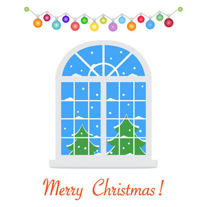 新年快乐2019和圣诞矢量插图。 圣诞窗，可以看到用花环装饰的冬季景观。 圣诞树下雪了。