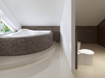浴室采用当代风格的棕色和白色。 三维渲染。