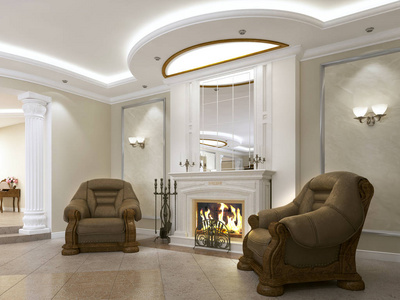 两个棕色皮革扶手椅，经典风格，靠近壁炉与火。 3D渲染