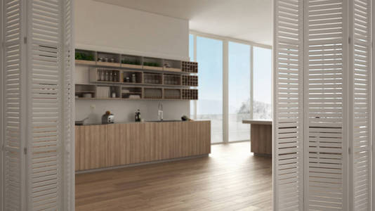 白色折叠门打开极简厨房与橱柜和岛屿开放空间与全景窗口建筑师设计师概念模糊背景