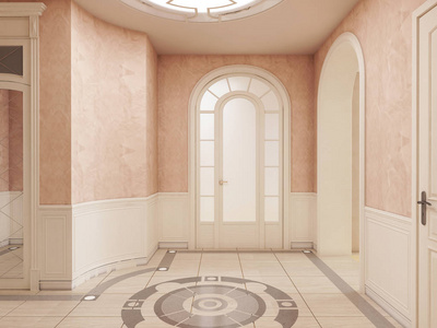 大堂的内部是古典风格的奶油色，地板上有大理石图案，通往楼梯。 三维渲染。