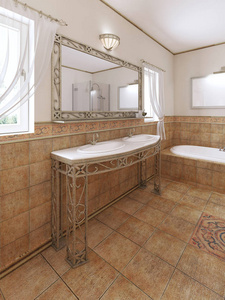 锻造浴室虚荣与镜子和脸盆在浴室的经典风格。 三维渲染。