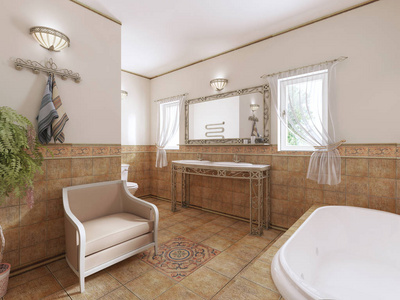 浴室采用经典风格，配有现代管道和带有花盆的家具。3D绘制。