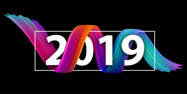 新年2019年节日横幅与五颜六色的笔触在黑色