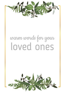 装饰金色矩形框架与桉树蕨类植物和盒木树枝隔离在白色上。 婚礼请柬，明信片，海报，文凭。 青筋