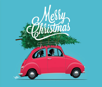 圣诞快乐主题插图的侧视图卡通风格的老式红色汽车与圣诞树和快乐夫妇里面。矢量插图