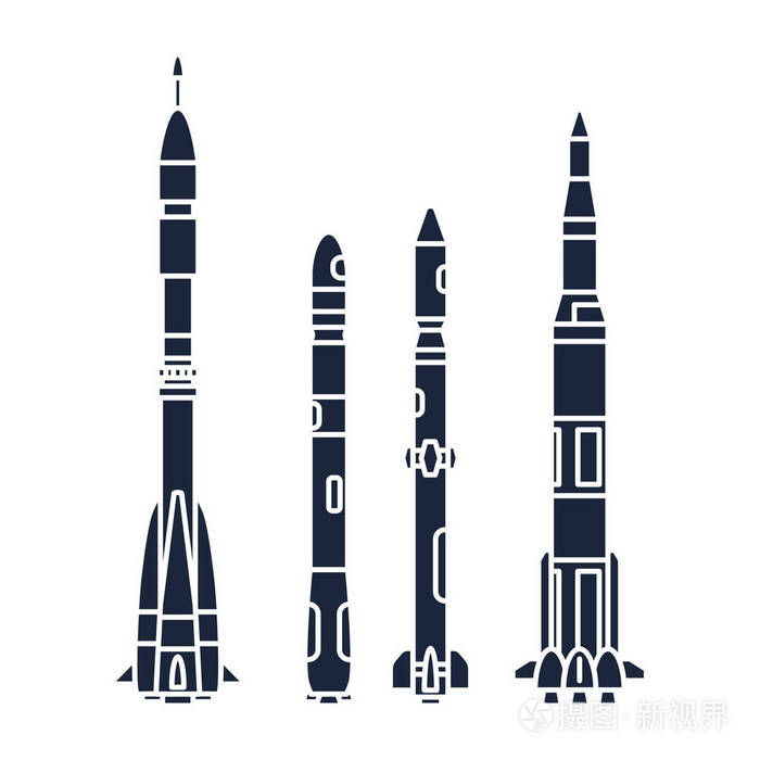 设置航空航天程序多级火箭的单色剪影矢量图标元素.