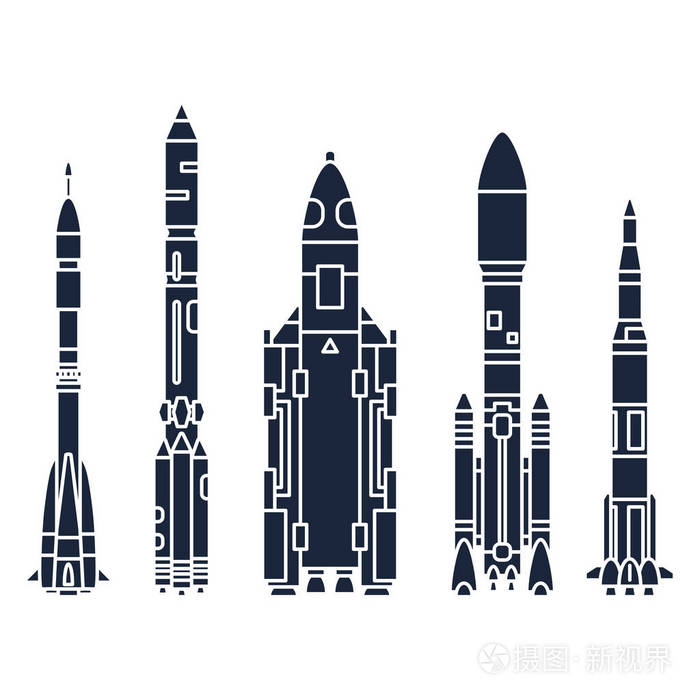 设置航空航天程序多级火箭的单色剪影矢量图标元素卡通风格的火箭宇航