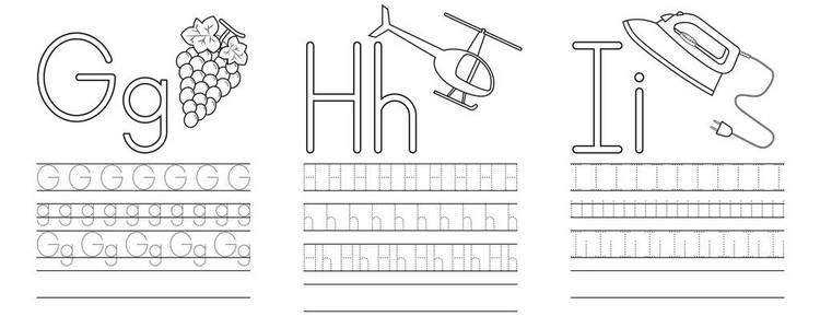 字母Ghi的书写练习。 着色书。 儿童教育。 矢量插图