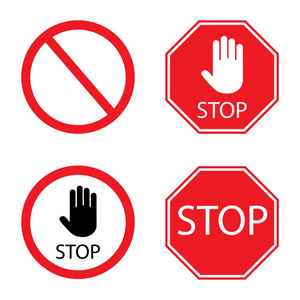 停止标志收集在红色和白色交通标志，以通知司机，并提供安全有序的街道运作。 矢量平面样式插图孤立的白色背景