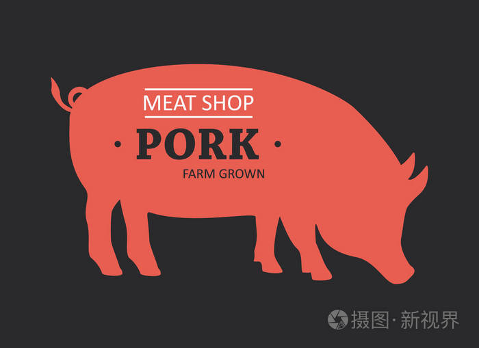 猪猪肉老式标志复古印刷海报肉店与文字排版猪肉肉店农场生长猪剪影