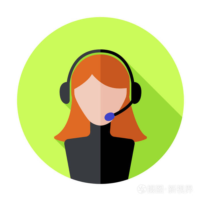 客户服务图标-女性用户与耳机矢量插图.请联系我们.