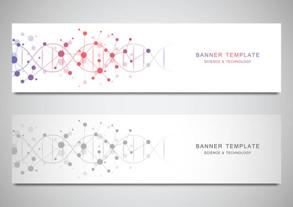 带有 dna 链和分子结构的站点的矢量横幅和标题。基因工程或实验室研究。抽象几何纹理在医学科技设计中的应用