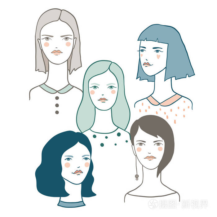 可爱的人脸 女孩的涂鸦肖像 时髦的手绘套装.