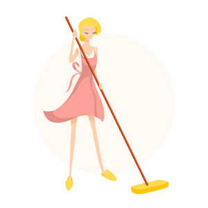 可爱的金发女孩洗地板与拖把在粉红色的围裙