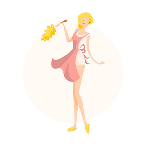 可爱的金发女孩洗地板与拖把在粉红色的围裙