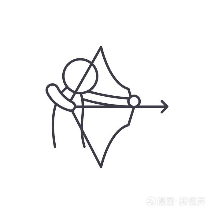 射箭线图标概念.射箭矢量线性插图, 符号, 符号
