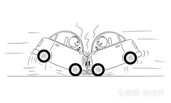 两辆汽车撞车事故的动画片绘制