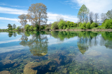 s Takaka  River calm with reflections from surrounding trees.