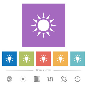 太阳平白色图标在方形背景。 包括6个奖金图标。