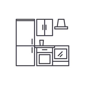 厨房衣柜线图标的概念。厨房衣柜矢量线性插图, 符号, 符号